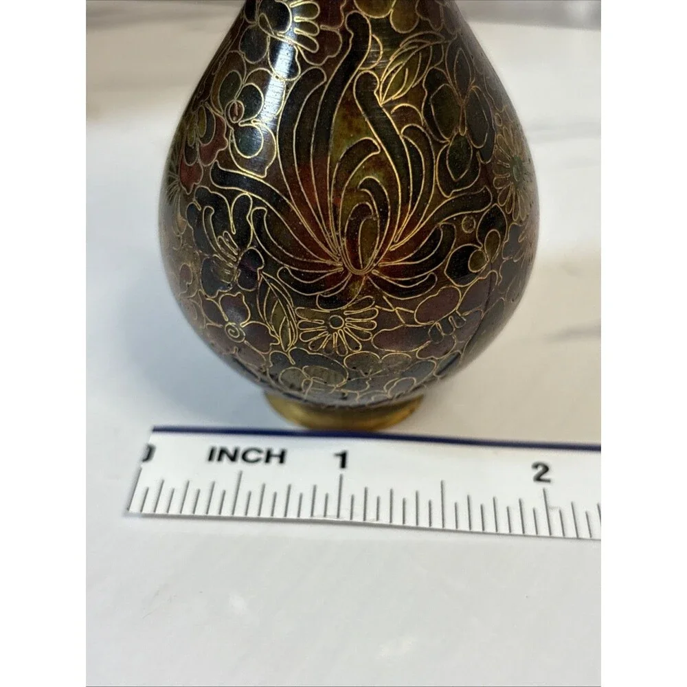 Cloisonné vase brown, burgundy, black floral 4